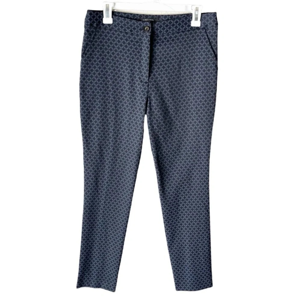 Lauren Vidal Pants Womens Small Aspen Navy Jacquard Geometric Career Slacks